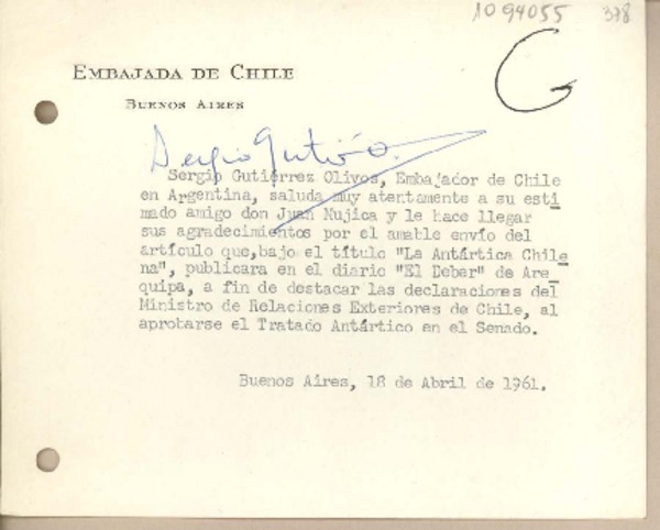 [Carta] 1961 abril 18, Buenos Aires, Argentina [a] Juan Mujica, Arequipa, Perú