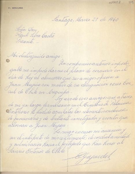 [Carta] 1960 marzo 28, Santiago, Chile [a] Raúl Silva Castro