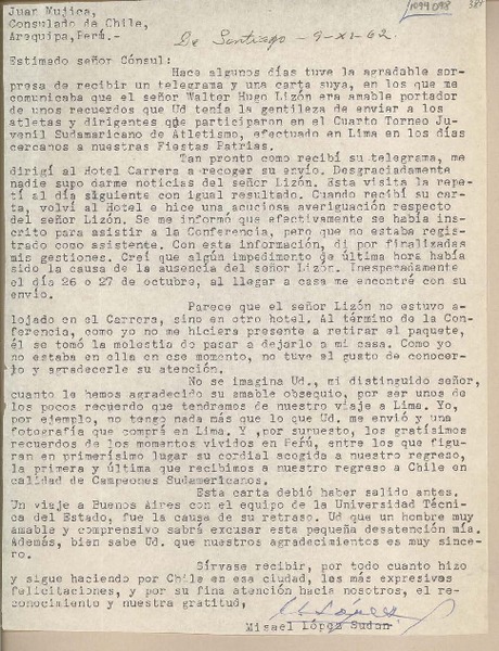 [Carta] 1962 noviembre 9, Santiago, Chile [a] Juan Mujica, Arequipa, Perú
