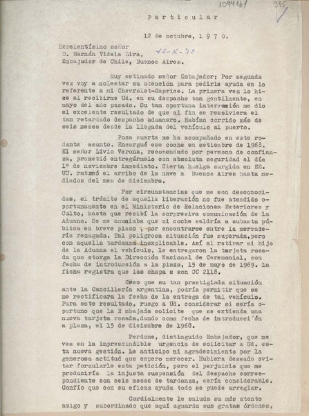 [Carta] 1970 octubre 12, Santiago, Chile [a] Hernán Videla Lira, Buenos Aires, Argentina