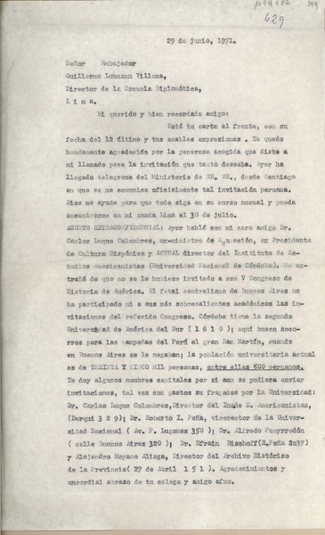 [Carta] 1971 junio 29, Córdoba, Argentina [a] Guillermo Lohmann Villena, Lima, Perú