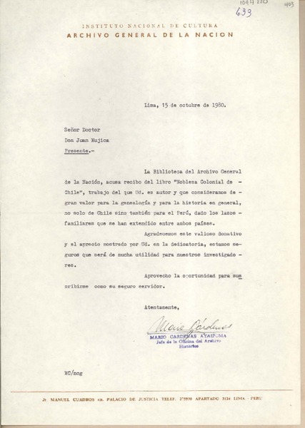 [Carta] 1980 octubre 15, Lima, Perú [a] Juan Mujica, Santiago, Chile