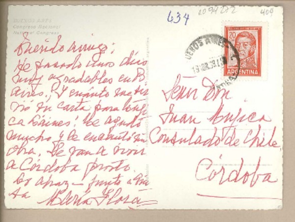 [Tarjeta postal] 1969 abril 19, Buenos Aires, Argentina [a] Juan Mujica, Córdoba