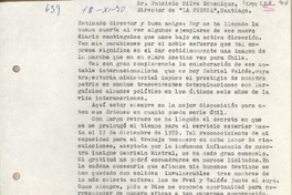 [Carta] 1970 noviembre 18, Santiago, Chile [a] Patricio Silva Echenique, Director de "La Prensa"