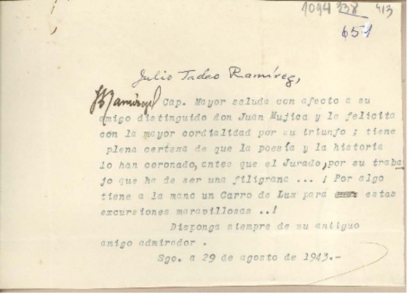 [Carta] 1943 agosto 29, Santiago, Chile [a] Juan Mujica