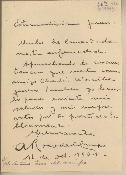 [Carta] 1941 octubre 16, Santiago, Chile [a] Juan Mujica de la Fuente