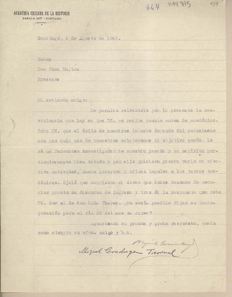 [Carta] 1940 agosto 6, Santiago, Chile [a] Juan Mujica de la Fuente