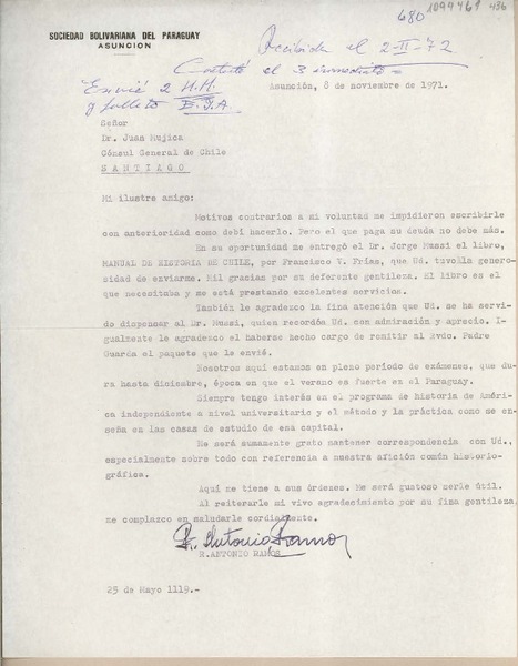 [Carta] 1972 febrero 2, Asunción, Paraguay [a] Juan Mujica, Santiago, Chile