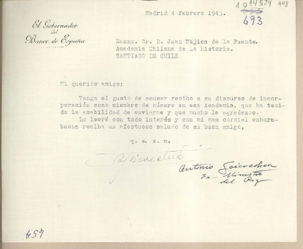[Carta] 1943 febrero 4, Madrid, España [a] Juan Mujica, Santiago, Chile