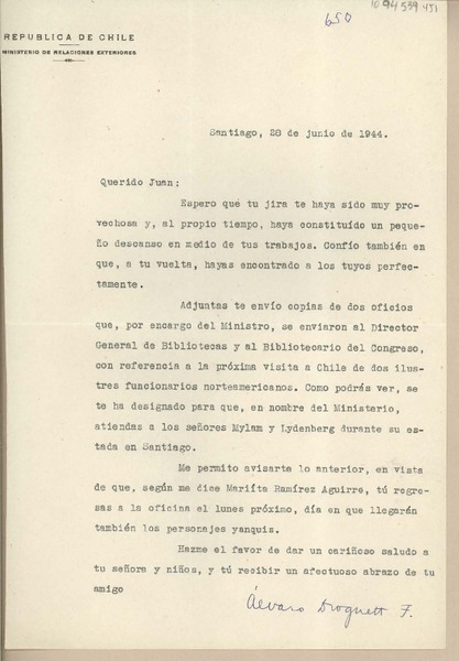 [Carta] 1944 junio 28, Santiago, Chile [a] Juan Mujica
