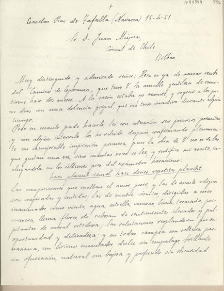 [Carta] 1951 abril 15, Escuelas Pías de Tafalla, Navarra, España [a] Juan Mujica, Cónsul de Chile, Bilbao, España