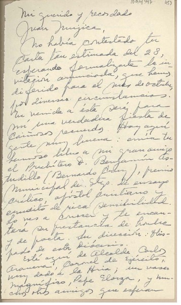 [Carta] 1951 septiembre 26, San Felipe, Chile [a] Juan Mujica, Santiago