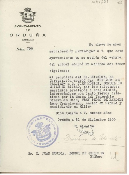 [Carta] [1951], Orduña, España [a] Juan Mujica de la Fuente, Bilbao