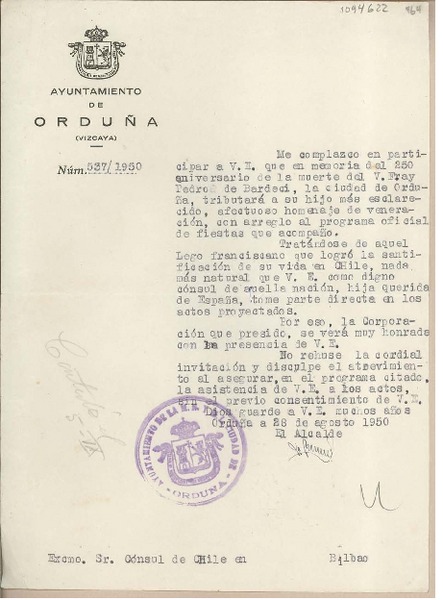 [Carta] [1950], Orduña, España [a] Juan Mujica de la Fuente, Bilbao