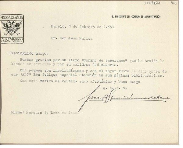 [Carta] 1951 febrero 7, Madrid, España [a] Juan Mujica de la Fuente, [Bilbao]