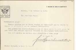 [Carta] 1951 febrero 7, Madrid, España [a] Juan Mujica de la Fuente, [Bilbao]