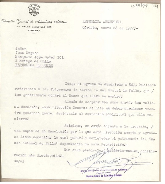 [Carta] 1972 enero 28, Cordoba, Argentina [a] Juan Mujica de la Fuente, Santiago, Chile