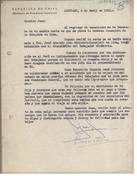 [Carta] 1962 abril 6, Santiago, Chile [a] Juan Mujica de la Fuente