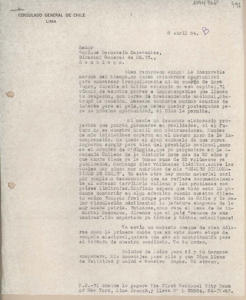 [Carta] 1964 abril 8, Lima, Perú [a] Enrique Bernstein Carabantes, Santiago, Chile