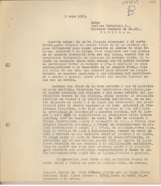 [Carta] 1963 mayo 2, Lima, Perú [a] Enrique Bernstein Carabantes, Santiago, Chile