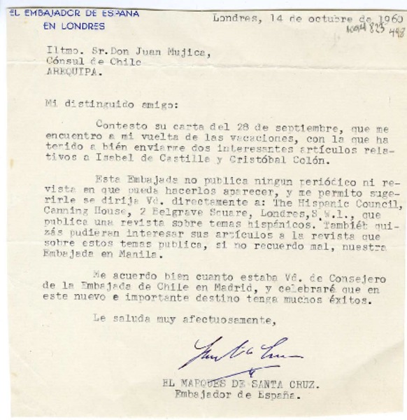 [Carta] 1960 octubre 14, Londres, Inglaterra [a] Juan Mujica, Arequipa, Perú