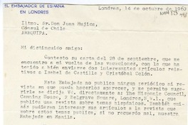 [Carta] 1960 octubre 14, Londres, Inglaterra [a] Juan Mujica, Arequipa, Perú