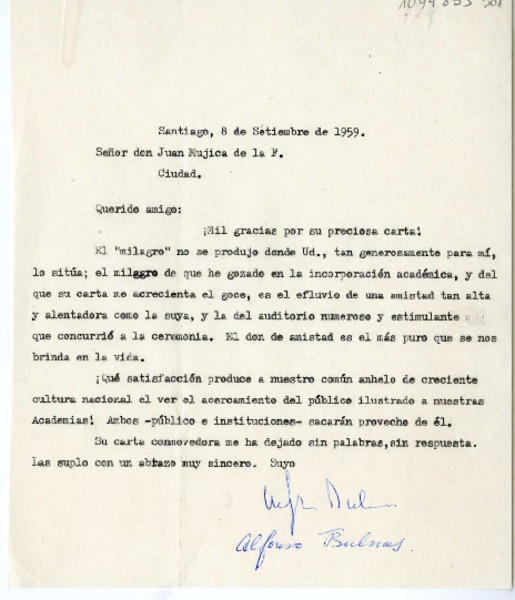 [Carta] 1959 septiembre 8, Santiago, Chile [a] Juan Mujica de la Fuente