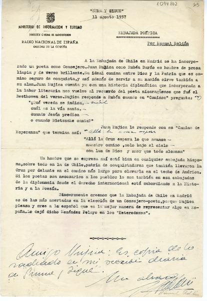 [Carta] 1957 agosto 11, La Coruña, España [a] Juan Mujica de la Fuente
