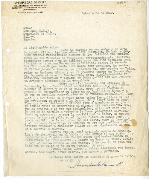 [Carta] 1950 febrero 24, Santiago, Chile [a] Juan Mujica de la Fuente, Bilbao, España