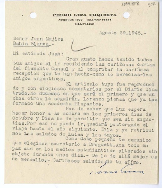 [Carta] 1945 agosto 29, Santiago, Chile [a] Juan Mujica de la Fuente, Bahía Blanca, Argentina