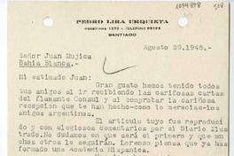 [Carta] 1945 agosto 29, Santiago, Chile [a] Juan Mujica de la Fuente, Bahía Blanca, Argentina