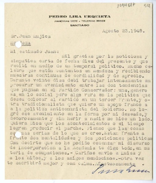 [Carta] 1948 agosto 23, Santiago, Chile [a] Juan Mujica de la Fuente, Mendoza, Argentina