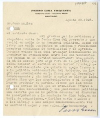 [Carta] 1948 agosto 23, Santiago, Chile [a] Juan Mujica de la Fuente, Mendoza, Argentina