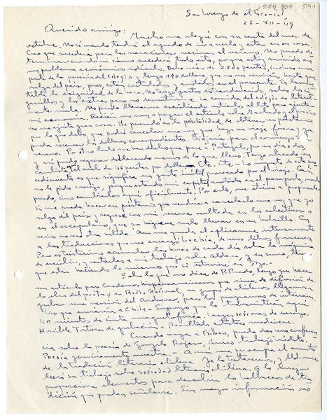 [Carta] 1949 diciembre 26, San Lorenzo de El Escorial, España [a] Juan Mujica de la Fuente, Bilbao, España
