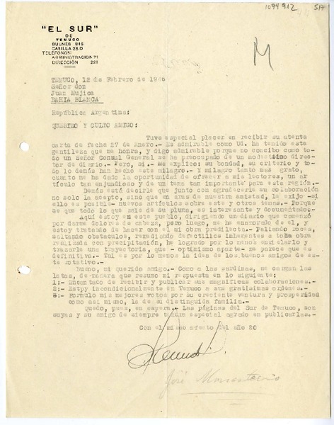 [Carta] 1946 febrero 12, Temuco, Chile [a] Juan Mujica de la Fuente, Bahía Blanca, Argentina