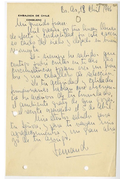 [Carta] 1946 abril 13, Buenos Aires, Argentina [a] Juan Mujica de la Fuente