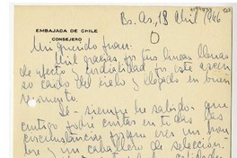 [Carta] 1946 abril 13, Buenos Aires, Argentina [a] Juan Mujica de la Fuente