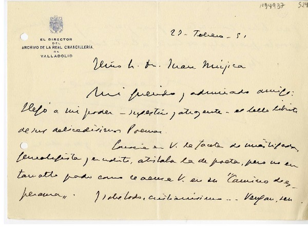 [Carta] 1951 febrero 22, Valladolid, España [a] Juan Mujica de la Fuente