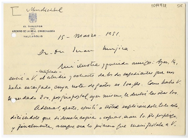 [Carta] 1951 marzo 15, Valladolid, España [a] Juan Mujica de la Fuente