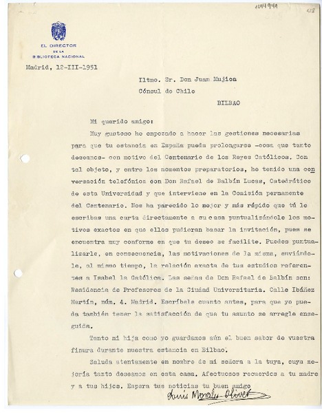[Carta] 1951 marzo 12, Madrid, España [a] Juan Mujica de la Fuente
