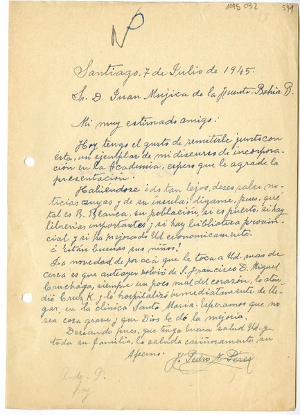 [Carta] 1945 julio 7, Santiago, Chile [a] Juan Mujica de la Fuente, Bahía Blanca, Argentina