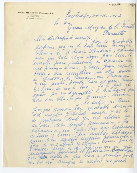 [Carta] 1952 diciembre 24, Santiago, Chile [a] Juan Mujica de la Fuente