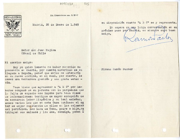 [Carta] 1949 enero 28, Madrid, España [a] Juan Mujica de la Fuente