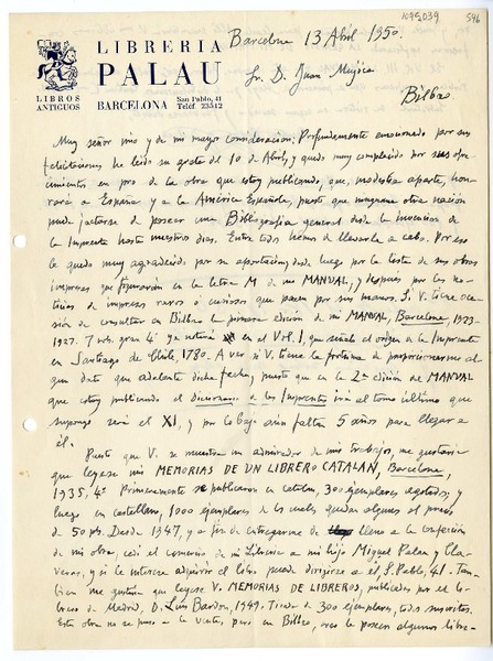 [Carta] 1950 abril 13, Barcelona, España [a] Juan Mujica de la Fuente, Bilbao
