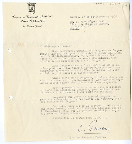 [Carta] 1950 septiembre 27, Madrid, España [a] Juan Mujica de la Fuente, Bilbao