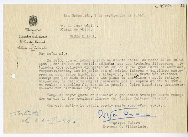 [Carta] 1947 septiembre 1, San Sebastián, España [a] Juan Mujica, Bahía Blanca, Argentina