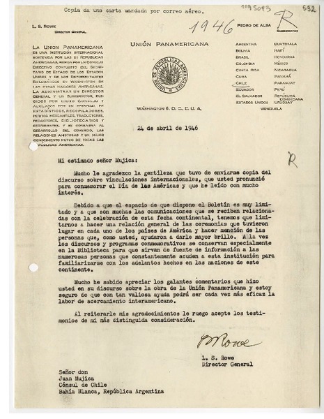 [Carta] 1946 abril 24, Washington D. C. [a] Juan Mujica, Bahía Blanca, Argentina.