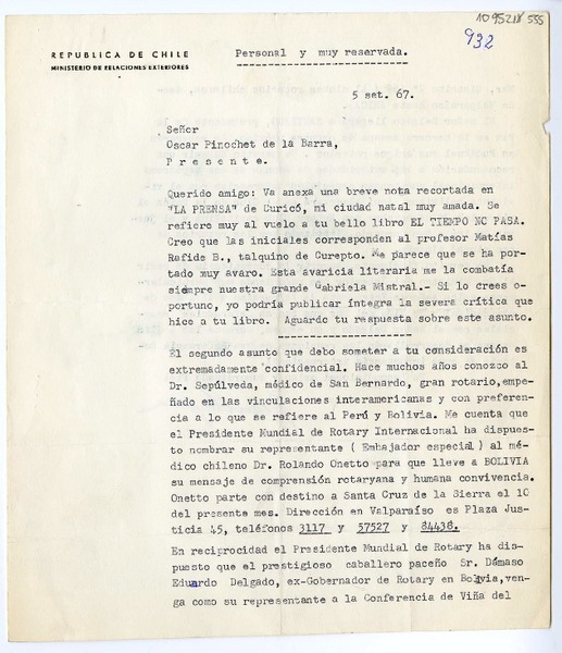 [Carta] 1967 septiembre 5, Santiago, Chile [a] Oscar Pinochet de la Barra
