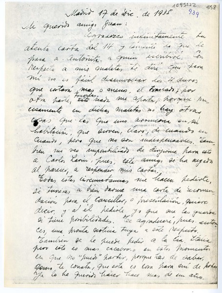 [Carta] 1935 diciembre 17, Madrid, España [a] Juan Mujica de la Fuente