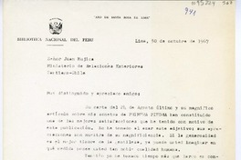 [Carta] 1967 octubre 30, Lima, Perú [a] Juan Mujica de la Fuente, Santiago, Chile